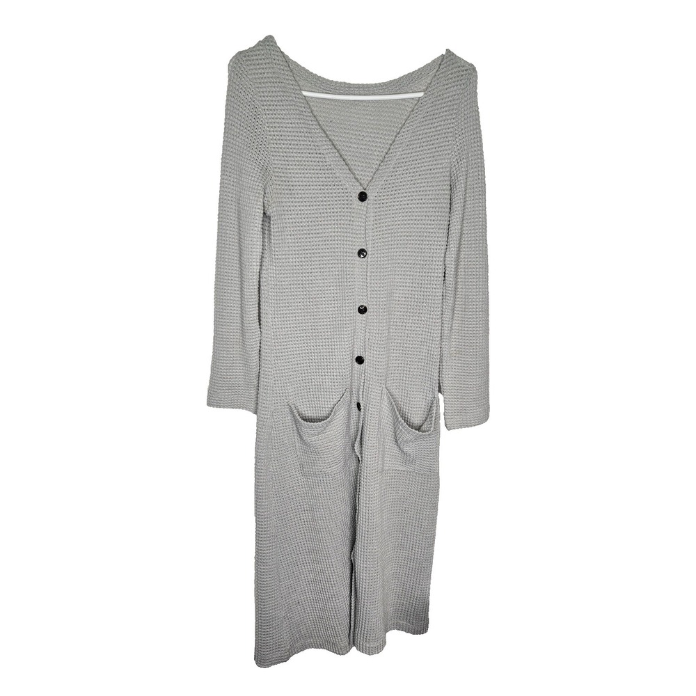 Women's  Gray Waffle Knit Cardigan‎ Dress M Long Button Front Cozy Minimalist